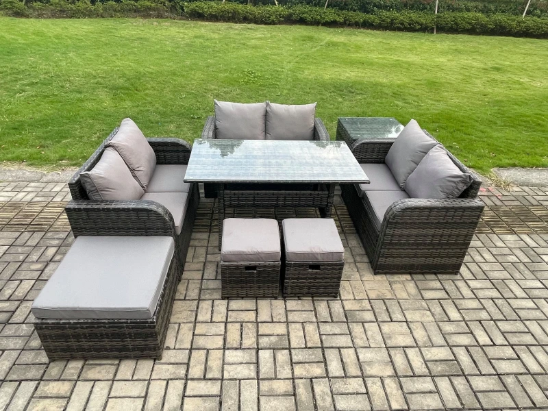 Image of Fimous 9 Seater Outdoor Rattan Garden Furniture Set with Patio Rectangular Dining Table Love Sofa Side Table 3 Footstools Dark Grey Mixed Dark Grey Un