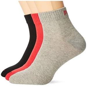 image of Puma Unisex Quarter Plain Socks (3 Pair Pack), Multicoloured (Black/Red), 12-14 (Manufacturer Size: 47-49)