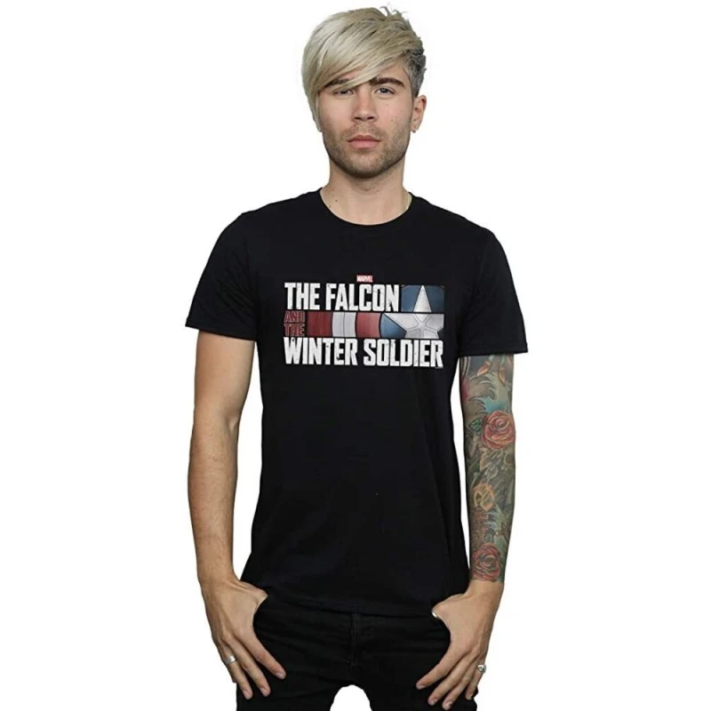 Image of The Falcon and The Winter Soldier Mens Action HR Logo T-Shirt in Black Size: Small Black Male S