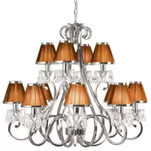 image of Esher Ceiling Pendant Chandelier Nickel Crystal & Brown Shades 12 Lamp Light