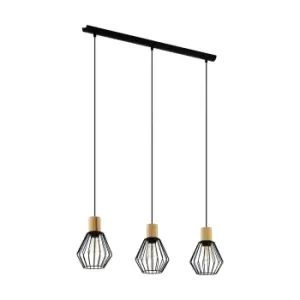 image of Hanging Ceiling Pendant Light Black Cage & Wood 3x E27 Bulb Kitchen Feature