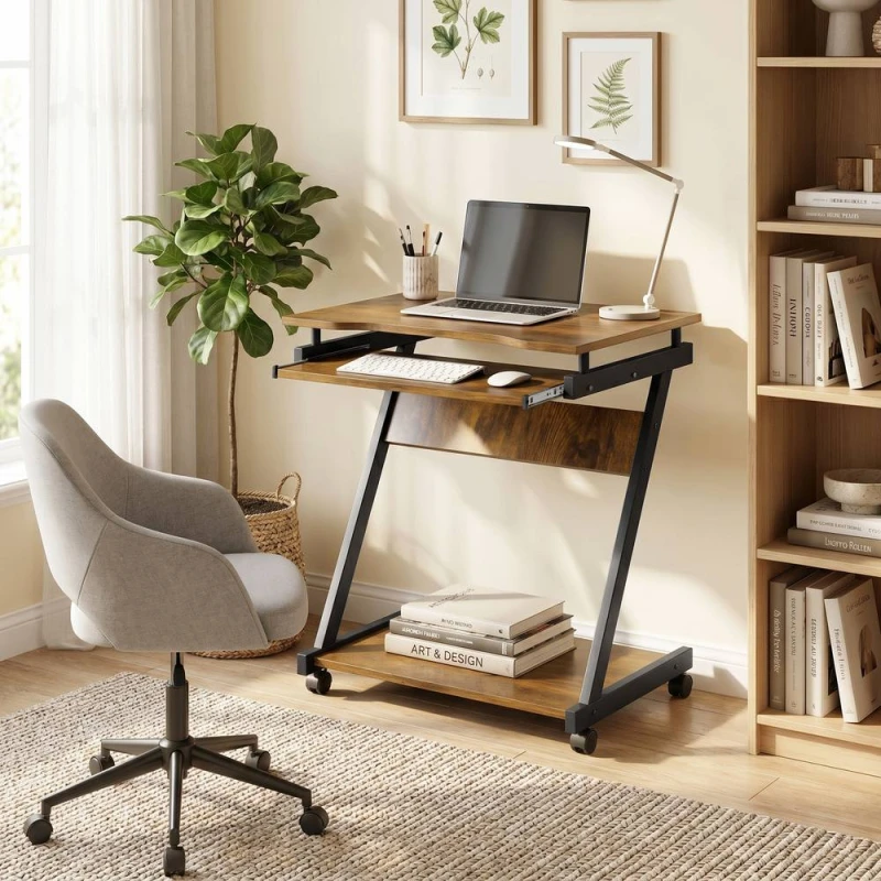 Image of HOMCOM Movable Computer Desk with 4 Moving Wheels Rustic Brown Brown Unisex