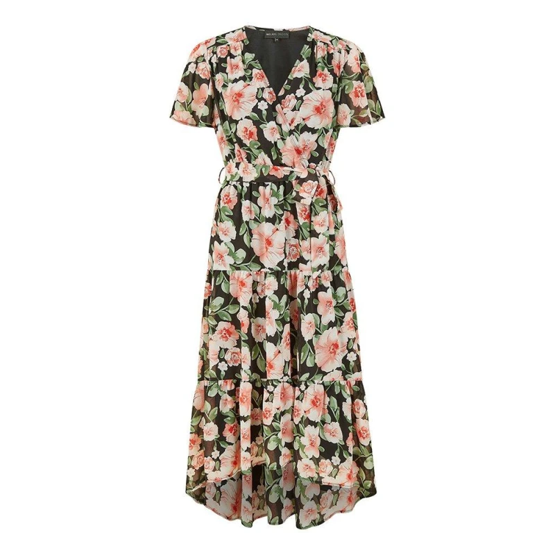 Image of Mela London Mela London Black Floral Wrap Dress With Dipped Hem Black 8