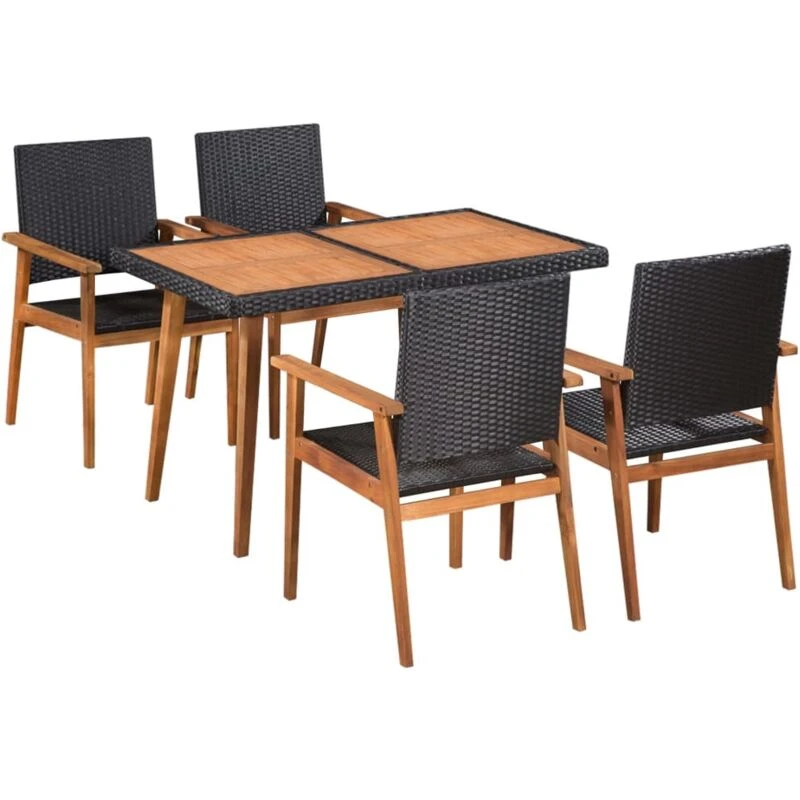 Image of vidaXL Outdoor Dining Set 5 Piece Poly Rattan Black and Brown Table Chairs