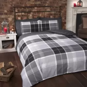 image of Argyle Tartan Single Quilt Duvet Cover and 1 Pillowcase Reversible Bedding Bed Set, Tartan Check - Grey