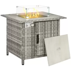 Image of Outsunny Outdoor PE Rattan Gas Fire Pit Table, Patio Square Propane Heater with Rain Cover, Glass Windscreen, and Lava Stone, 50,000 BTU, Grey