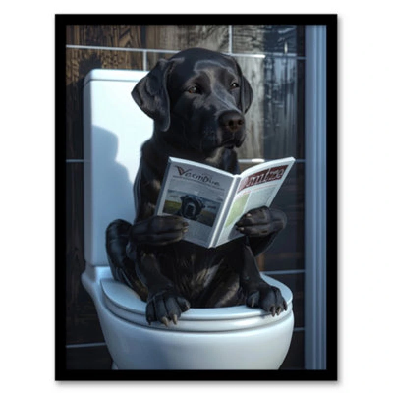Image of Artery8 Dog Lover Funny Black Labrador Reading On Toilet Poster Wall Art Print - A4 Size