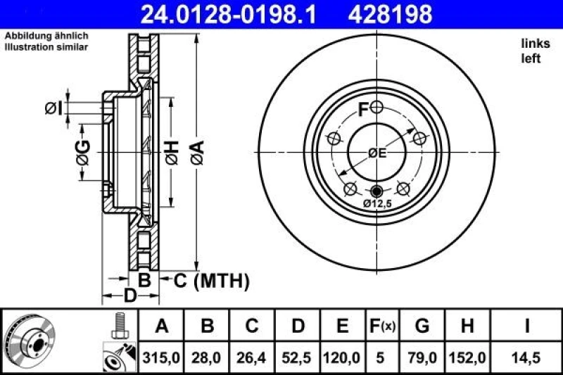 Image of ATE 24.0128-0198.1 Brake disc Vented, Coated, High-carbon, with bolts/screws Brake Disc (82)