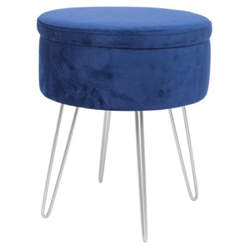 Image of Harbour Housewares Velvet Storage Footstool - Round Modern Dressing Table Footstool Vanity Seat Chair - 45 X 36Cm - Blue/silver