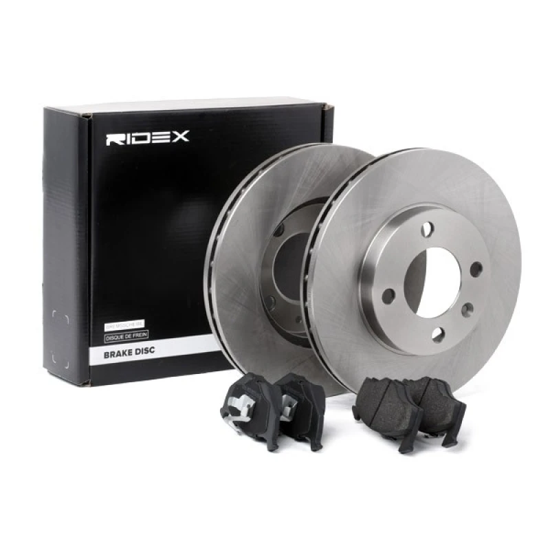 Image of RIDEX 3405B0187 Brake disc and pads set Front Axle, Brake Disc Type: Vented, excl. wear warning contact Brake Set,disc brakes (3405)