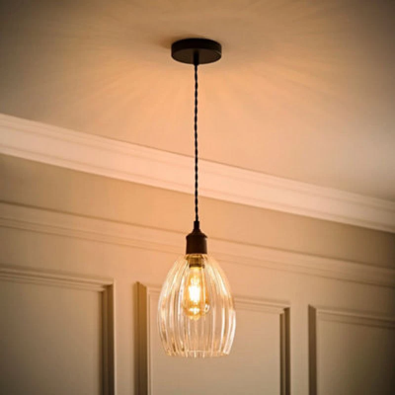 Image of Valuelights Cheltenham Matte Black Ceiling Pendant Light With Ribbed Shade And Bulb