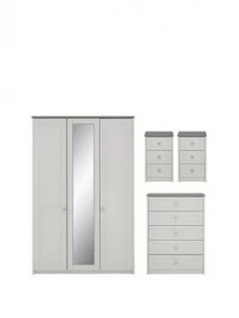 image of Alderley Part Assembled 4 Piece Package - 3 Door Mirrored Wardrobe, Chest Of 5 Drawers And 2 Bedside Chests