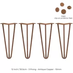 image of 4 x 12' Hairpin Legs - 3 Prong - 10mm - Antique Copper - Antique Copper