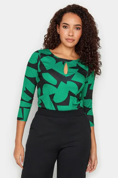 image of M&Co Geometric Keyhole Top, Green, Size 18, Women