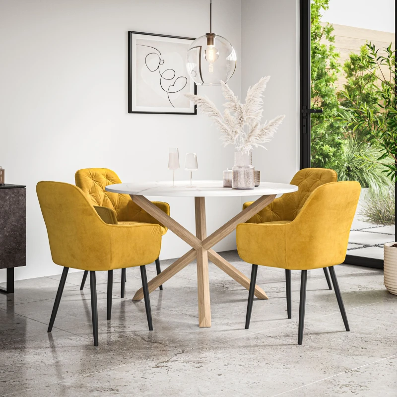 Image of More4Homes Malvern Round Dining Table And Chairs - Marble Table Top W Solid Oak Legs + Anika Velvet Dining Chair Set Of 4 (Mustard)