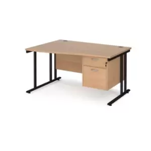 Image of Office Desk Left Hand Wave Desk 1400mm With Pedestal Beech Top With Black Frame Maestro 25 MC14WLP2KB