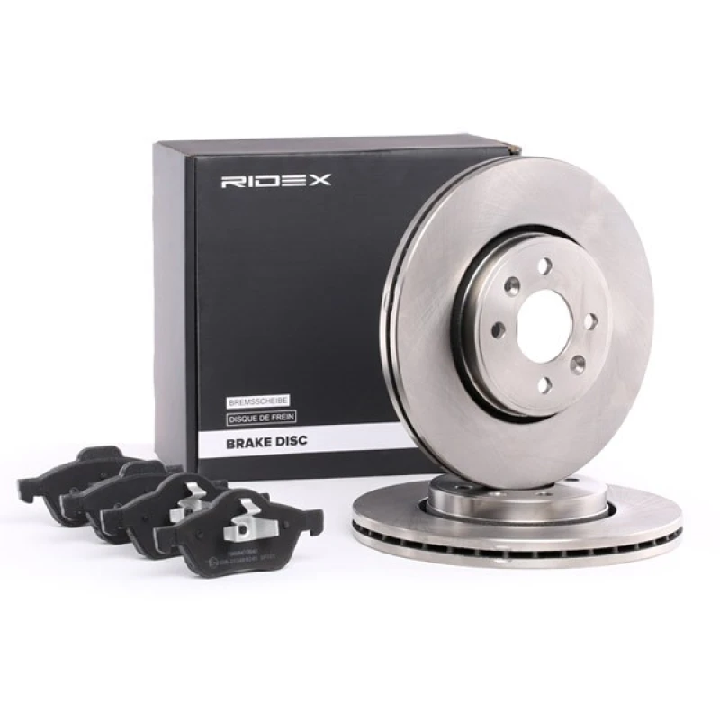 Image of RIDEX 3405B0271 Brake disc and pads set Front Axle, Brake Disc Type: Vented, excl. wear warning contact, with anti-squeak plate Brake Set,disc brakes