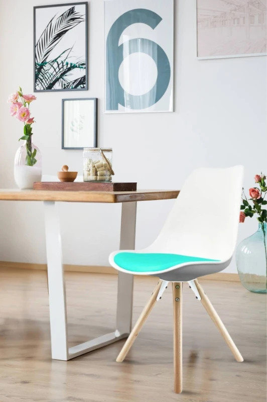 Image of Fusion Living Soho Plastic Dining Chair With Pyramid Light Wood Legs White & Aqua, Blue FL4503