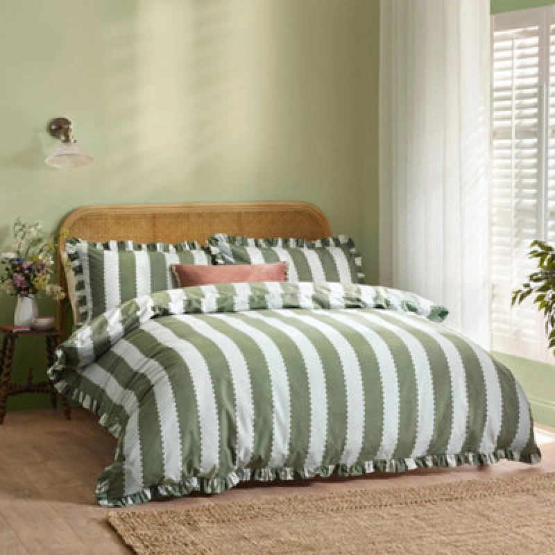 Image of Wylder Birdie Stripe Ruffle Duvet Cover Set, Baygreen/mist, Single