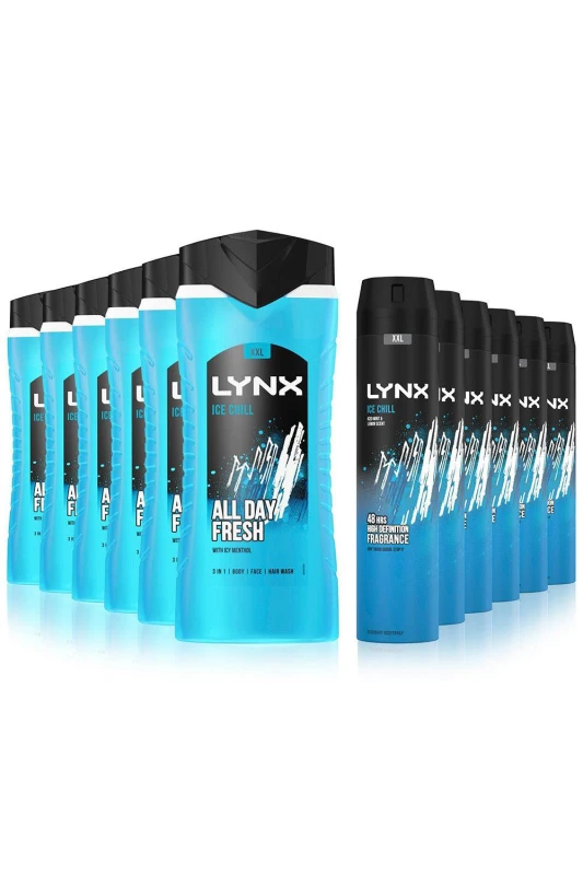 Image of Lynx Mens Ice Chill Shower Gel 500ml & 48H Fresh Body Spray 250ml 6 Pack Each in Blue Blue Male