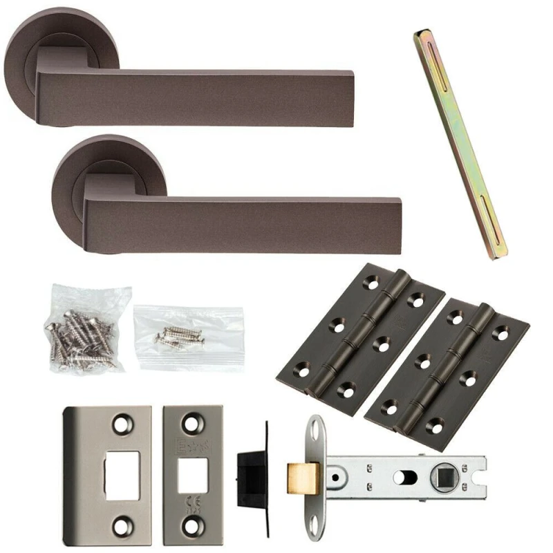 Image of Loops Door Handle & Latch Pack Matt Bronze Flat Square Lever Screwless Round Rose Multi