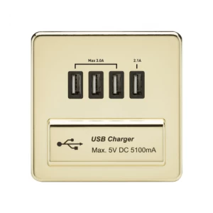 image of KnightsBridge 1G Screwless Polished Brass Quad USB 5V Charger Outlet - Black Insert