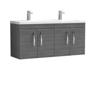 image of Nuie Athena 1200 Wall Hung 4-door Vanity & Ceramic Double Basin - Grey Woodgrain