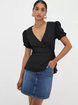 Image of Dorothy Perkins Broderie Sleeve Wrap Top - Black, Size S, Women