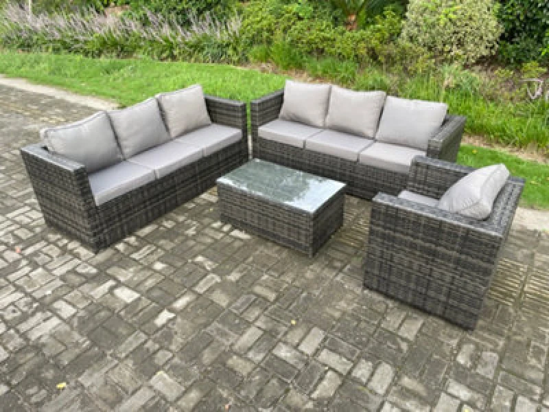 Image of Fimous 7 Seater Rattan Garden Furniture Set Indoor Outdoor Patio Sofa Set with Oblong Coffee Table Armchair Dark Grey Mixed Dark Grey