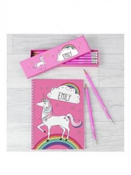 image of Personalised Unicorn Pink Pencils In A Box And Matching Note Book