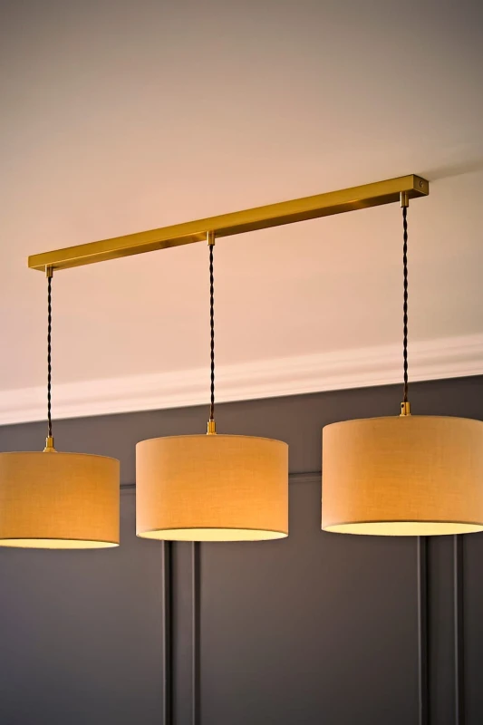 Image of ValueLights ValueLights Reni Drum Shade 3 Drop Bar Brushed Gold Diner Ceiling Pendant Light with Bulbs in Natural Natural One Size Unisex 505940606422