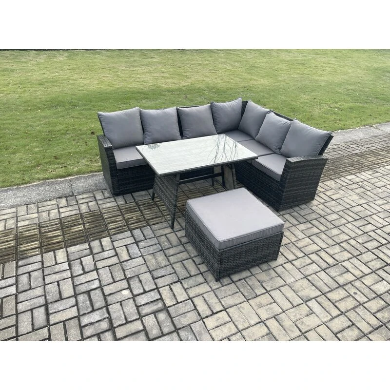 Image of Fimous High Back Outdoor Garden Furniture Set Rattan Corner Sofa Dining Table Set With Big Footstool 7 Seater in Dark Grey Dark Grey Unisex