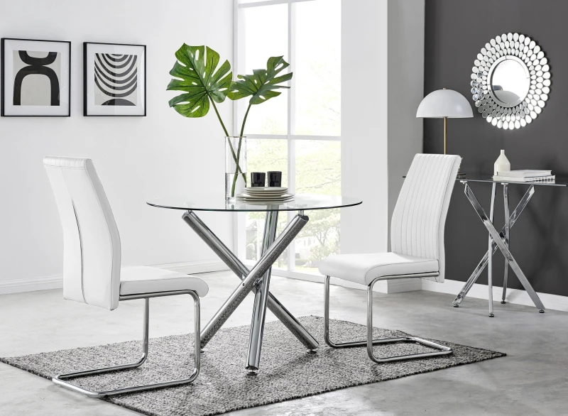 Image of FurnitureboxUK FurnitureboxUK Selina Round Glass And Chrome Metal Dining Table And Lorenzo Chairs Set in Off White Size: 2 Person Off White 2 Person
