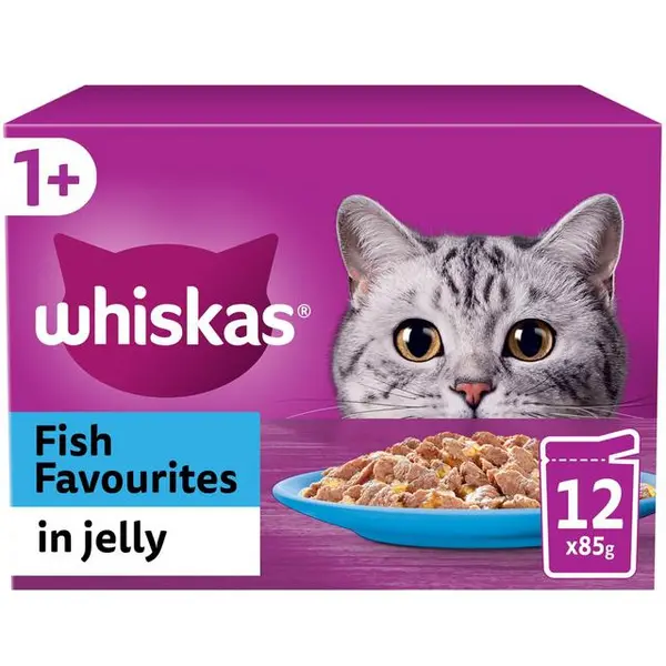 image of Whiskas 1+ Adult Fish Favourites in Jelly Cat Food 12 x 85g