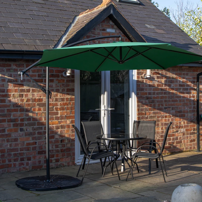 Image of Outdoor 4 Person Round Glass Top Garden Dining Table Chairs With Green Banana Parasol and Base