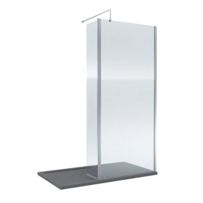 Image of Balterley 8mm Fluted Glass Walk In Wetroom Screen And Hinged Return With Chrome Profile And Grey Shower Tray - 1400 X 800mm
