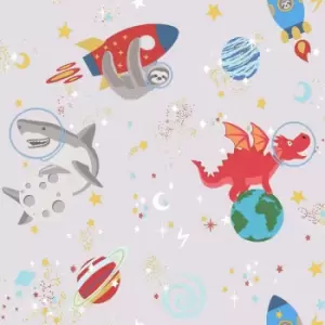 image of Holden Decor Space Animals Grey Wallpaper