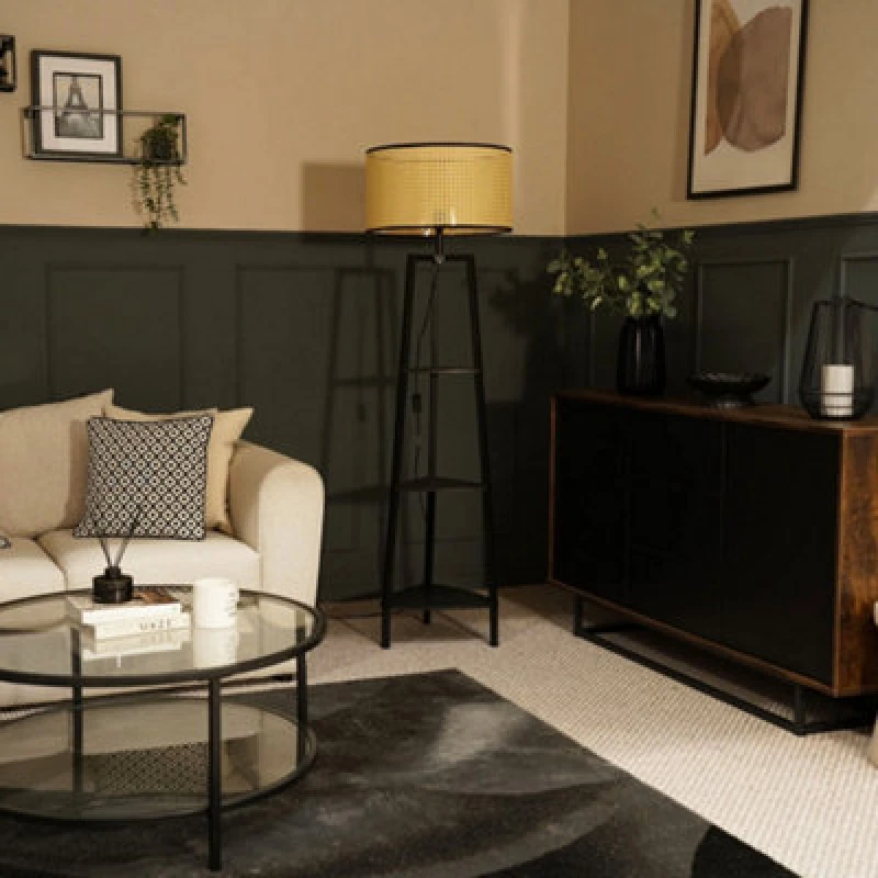 Image of ValueLights Hiru Matt Black Wooden 3 Tier Shelf Floor Lamp Light with Cane Shade Natural