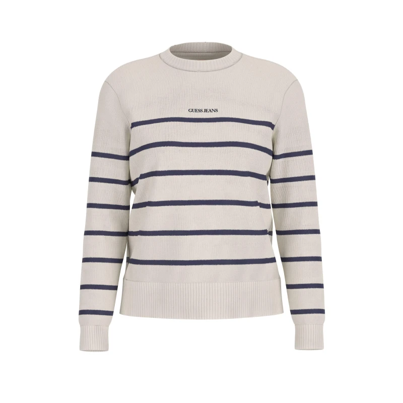 Image of Guess Womens Stripe Knitted Crew Neck Jumper Wht/Daring Oc female 8 (XS)