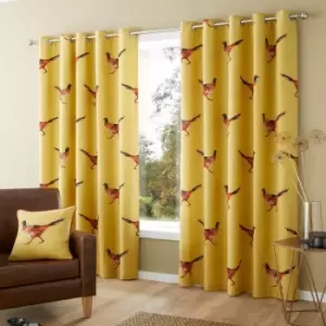 Fusion Pheasant Contemporary Print 100% Cotton Eyelet Lined Curtains, Ochre, 66 x 54 Inch