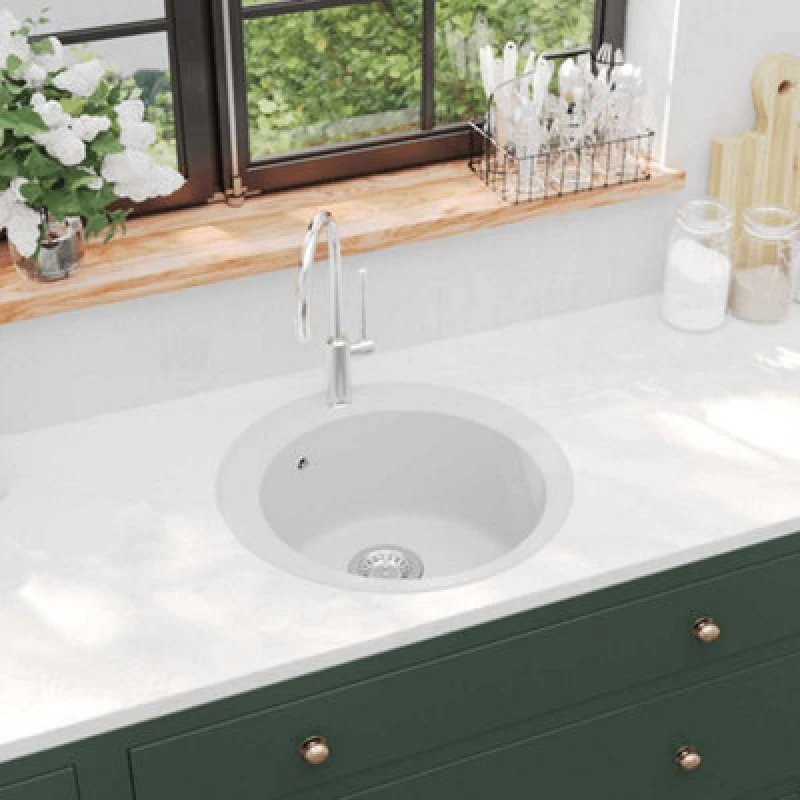 Image of Vidaxl Granite Kitchen Sink Single Basin Round White