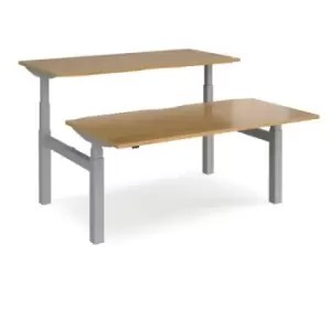 Image of Height Adjustable Desk Back To Back Rectangular Desks 1600mm Oak Tops With Silver Frames Elev8 Touch