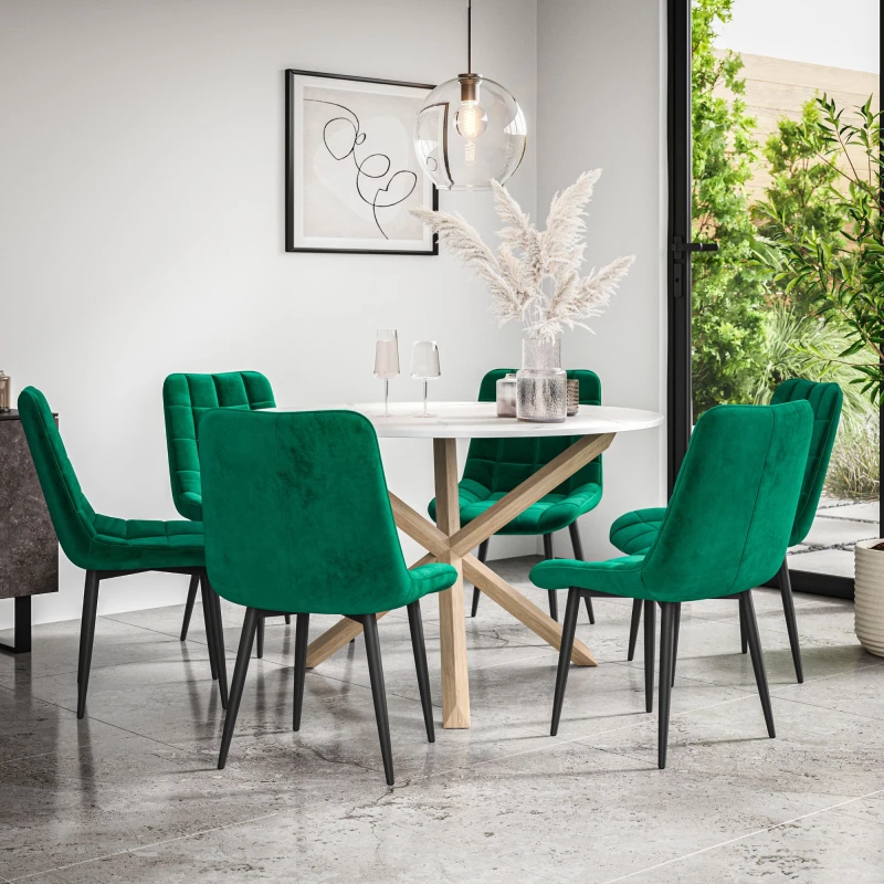 Image of More4Homes Malvern Round Dining Table And Chairs - Marble Table Top W Solid Oak Legs + Nova Velvet Dining Chair Set Of 6 (Green)