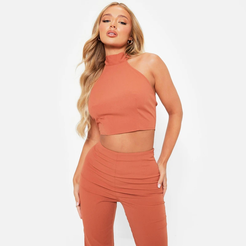 Image of I Saw It First Textured Halterneck Crop Top Co-Ord - Orange Orange 6