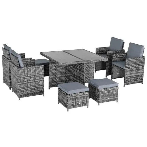 Image of Outsunny Rattan Dining Set Garden Furniture Cube Table Chair Stool Cushion Seat 861-028GY