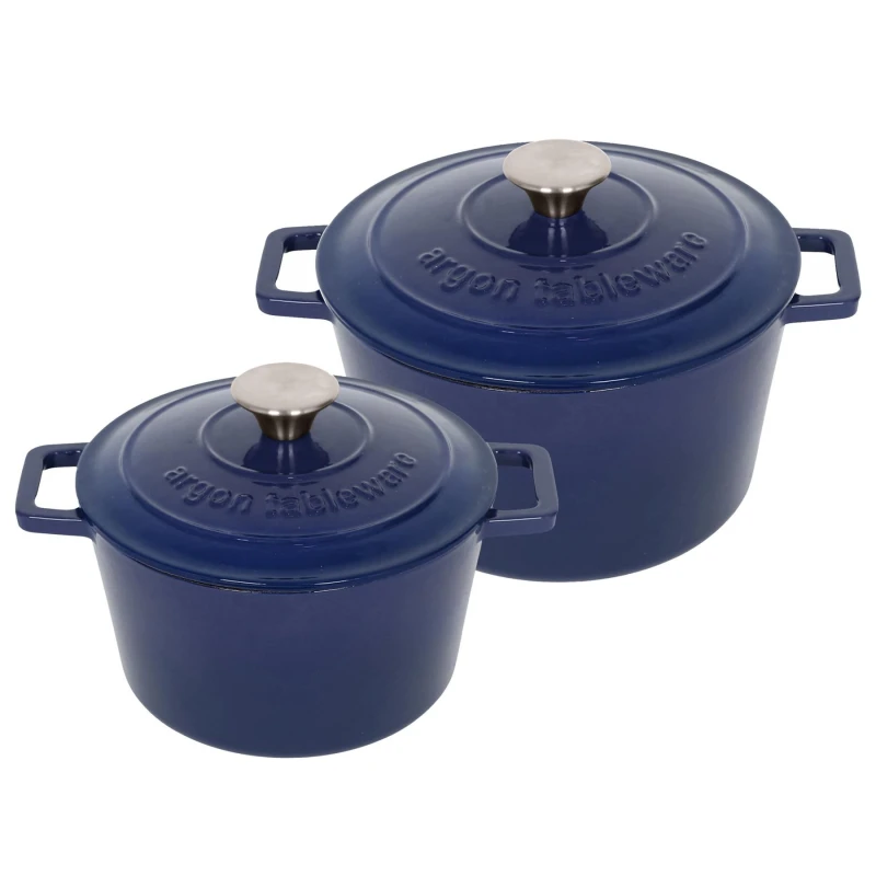 Image of Argon Tableware 2pc Round Cast Iron Casserole Dish Set - 2.8L / 4.5L Cookware with Lid in Navy Navy Unisex