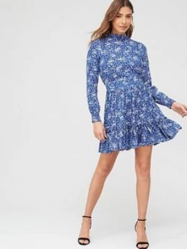 Image of Oasis Lurex Ditsy Shirred Neck Dress - Blue , Multi Blue, Size 12, Women