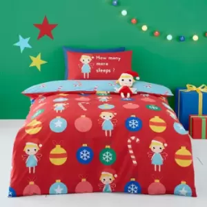 image of Christmas Fairy Print 100% Cotton Reversible Duvet Cover Set, Red, Junior - Cosatto