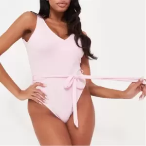 image of Missguided Plunge Tie Waist Soft Touch Swimsuit - Pink