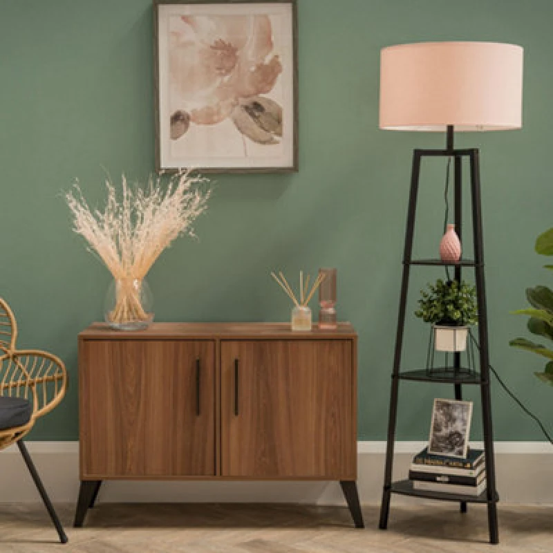 Image of ValueLights Hiru Black 3 Tier Wooden Shelf Floor Lamp With Large Blush Shade Black
